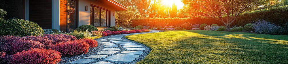 Ein gepflegter Gartenweg führt durch üppiges Grün, Sträucher und Beete.