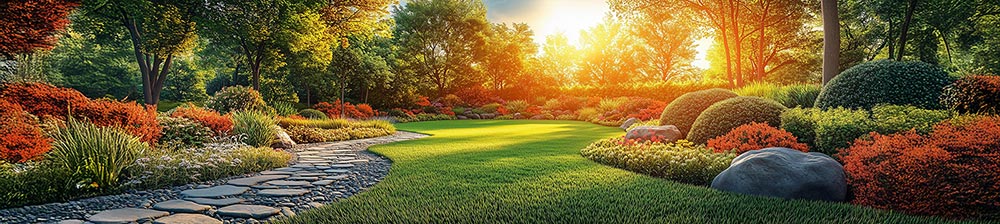 Ein gepflegter Gartenweg führt durch üppiges Grün, Sträucher und Beete.